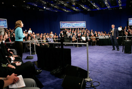 President George W. Bush takes questions during remarks in Louisville, Ky., Wednesday, Jan. 11, 2006, on the Global War on Terror. White House photo by Eric Draper