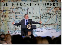 President George W. Bush delivers remarks on gulf coast reconstruction in Bay St. Louis, Miss., Thursday, Jan. 12, 2006. "I can remember coming here, the times I came, and looked hard in people's eyes and saw a sense of desperation and worry and deep, deep concern about the future," said the President. I'm sure there is still concern about the future, but the eyes have cleared up"  White House photo by Eric Draper