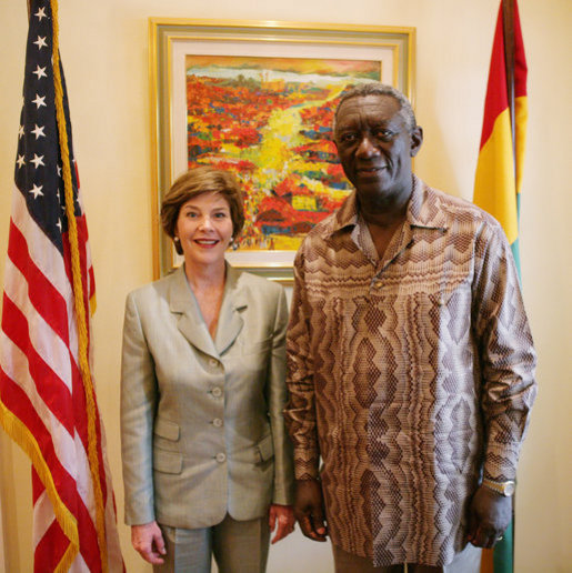 Mrs. Laura Bush is seen at the residence of the U.S. Ambassador to Ghana, welcomed by Ghana President John Agyekum Kufuor in Accra, Ghana, Sunday, Jan. 15, 2006. White House photo by Shealah Craighead