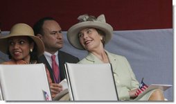 Mrs. Laura Bush and U.S. Secretary of State Condoleezza Rice attend the inauguration of Liberian President Ellen Johnson Sirleaf in Monrovia, Liberia, Monday, Jan. 16, 2006. President Sirleaf is Africa's first female elected head of state. White House photo by Shealah Craighead