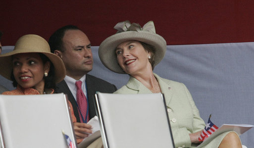 Mrs. Laura Bush and U.S. Secretary of State Condoleezza Rice attend the inauguration of Liberian President Ellen Johnson Sirleaf in Monrovia, Liberia, Monday, Jan. 16, 2006. President Sirleaf is Africa's first female elected head of state. White House photo by Shealah Craighead