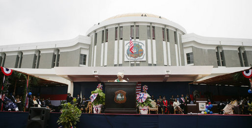 Liberian President Ellen Johnson Sirleaf addresses the audience at her inauguration in Monrovia, Liberia, Monday, Jan. 16, 2006. President Sirleaf is Africa's first female elected head of state. Mrs. Laura Bush and U.S. Secretary of State Condoleezza Rice attended the ceremony. White House photo by Shealah Craighead