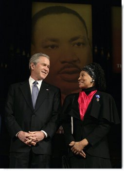 President George W. Bush is joined on stage by Elaine Steele during Georgetown University's "Let Freedom Ring" Celebration Honoring Dr. Martin Luther King at the John F. Kennedy Center, Monday, Jan. 16, 2006. Steele, Co-Founder of Rosa and Raymond Parks Institute, was presented with the "John Thompson Legacy of a Dream Award". White House photo by Eric Draper