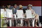 Mrs. Laura Bush and U.S. Secretary of State Condoleezza Rice attend the inauguration of Liberian President Ellen Johnson Sirleaf in Monrovia, Liberia, Monday, Jan. 16, 2006. President Sirleaf is Africa's first female elected head of state. Barbara Bush is seen at left. White House photo by Shealah Craighead