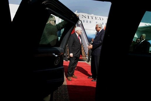 Vice President Dick Cheney speaks with Egyptian Prime Minister Ahmed Nazif upon departure from Cairo International Airport, Tuesday January 17, 2006. After meeting with Egyptian officials the Vice President traveled on to meet with King Abdullah of Saudi Arabia and then to Kuwait to offer condolences following the death of its ruler, Emir Sheik Jaber al-Ahmed al-Sabah. White House photo by David Bohrer