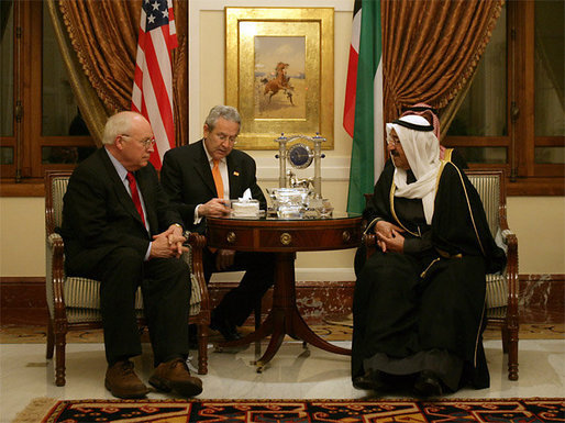 Vice President Dick Cheney meets with Kuwaiti Prime Minister Sheikh Sabah Al-Ahmed Al-Jaber Al Sabah in Kuwait City, January 17, 2006. The Vice President delivered condolences to the Al Sabah family following the death of Emir Sheikh Jabir al-Ahmad Al Sabah on January 15. White House photo by David Bohrer