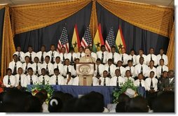 Mrs. Laura Bush addresses an audience at the Accra Teacher Training College in Accra, Ghana, where she joined Ghana President John Agyekum Kufuor, Tuesday, Jan. 17, 2006, to help launch the Africa Education Initiative Textbooks Program.  White House photo by Shealah Craighead