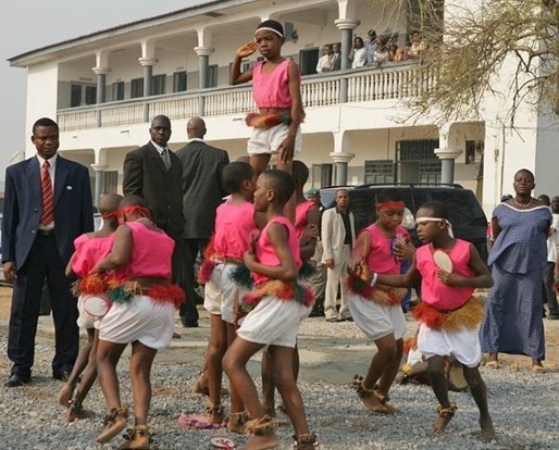 A children's dance troupe greets Laura Bush at St. Mary's hospital in Gwagwalada, Nigeria, Wednesday, Jan. 18, 2006. White House photo by Shealah Craighead