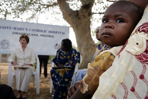 Mrs. Bush sits outside at Saint-Mary's Catholic Hospital in Gwagwalada, Nigeria Wednesday, Jan. 18, 2006, where she announced a $163 million commitment by the United States to Nigeria to battle AIDS. White House photo by Shealah Craighead