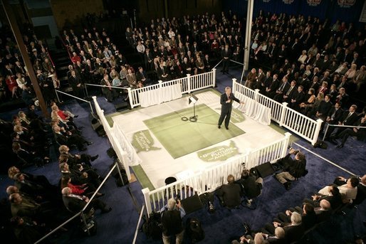 President George W. Bush discusses America's economy with a full house at JK Moving and Storage in Sterling, Va., Thursday, Jan. 19, 2006. White House photo by Eric Draper