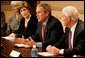 President George W. Bush, with Mrs. Bush, speaks to the press during a meeting with foundations to help aid Gulf coast Recovery at the White House, Thursday, Jan. 19, 2006. White House photo by Eric Draper