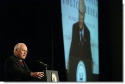 Vice President Dick Cheney delivers remarks on Iraq and the war on terror to the Manhattan Institute in New York, Thursday January 19, 2006.  White House photo by Kimberlee Hewitt