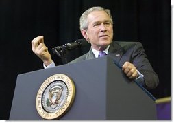 President George W. Bush delivers remarks on the global war on terror at Kansas State University in Manhattan, Kan., Monday, Jan. 23, 2006. "History has shown that democracies yield the peace, said the President talking about the War or Terror and Iraq. "Europe is free, whole, and at peace because the nations are democratic."  White House photo by Eric Draper