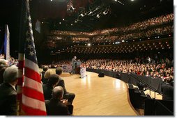 President George W. Bush delivers remarks on the 2006 agenda, Wednesday, Feb. 1, 2006 at the Grand Ole Opry House in Nashville, Tennessee. The President told the audience, ".during times of uncertainty it's important for me to do what I'm doing today, which is to explain the path to victory, to do the best I can to articulate my optimism about the future.  White House photo by Eric Draper