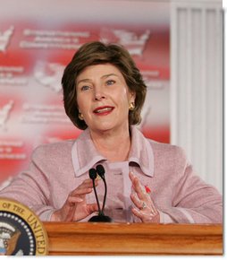 Mrs. Laura Bush addresses an audience Friday, Feb. 3, 2006 in Rio Rancho, New Mexico, reminding people of the proclamation signed by President George W. Bush earlier in the day making February American Heart Month, and encouraging Americans to remember that heart disease is the number one killer and to take efforts through healthy eating, exercise and regular check-ups to prevent heart disease.  White House photo by Eric Draper