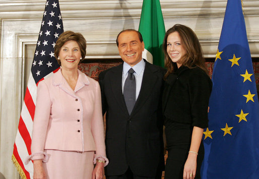 Mrs. Laura Bush and daughter, Barbara Bush, are greeted by Italian Prime Minister Silvio Berlusconi, Thursday, Feb. 9, 2006 at the Villa Madama in Rome. White House photo by Shealah Craighead