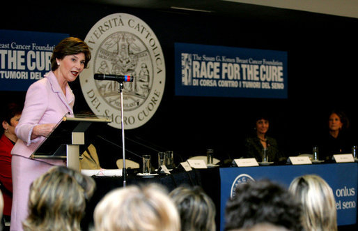 Mrs. Laura Bush delivers remarks after participating in a roundtable discussion with doctors and breast cancer survivors, Thursday, Feb. 9, 2006 at the Gemelli Hospital in Rome, sponsored by The Susan G. Komen Breast Cancer Foundation. White House photo by Shealah Craighead