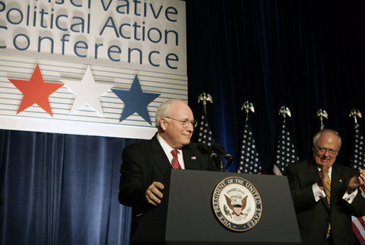 Vice President Dick Cheney is welcomed before delivering the keynote address at the 33rd Annual Conservative Political Action Conference Dinner in Washington, Thursday, February 9, 2006. During his remarks on the 2006 Agenda the Vice President commented on the steadfast nature of the American people and said, "in these five years we've been through a great deal as a nation. Yet with each test, the American people have displayed the true character of our country. We have built for ourselves an economy and a standard of living that are the envy of the world. We have faced dangers with resolve. And we have been defended by some of the bravest men and women this nation has ever produced." White House photo by Kimberlee Hewitt