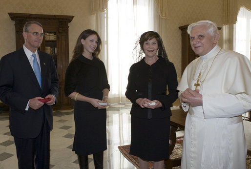 Mrs. Laura Bush, daughter Barbara Bush and Francis Rooney, U.S. Ambassador to the Vatican, meet in a private audience with Pope Benedict XVI, Thursday, Feb. 9, 2006 at the Vatican. White House photo by Shealah Craighead