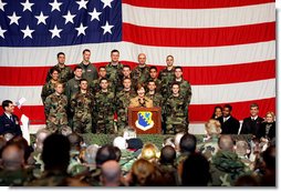 Mrs. Laura Bush addresses an audience of U.S.troops during a visit to Aviano Air Base, in Aviano, Italy, Friday, Feb. 10, 2006. White House photo by Shealah Craighead