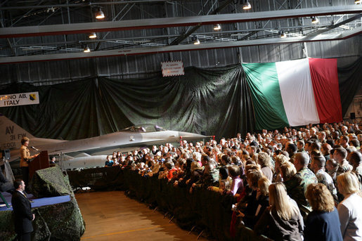 Laura Bush addresses an audience of U.S. troops during a visit to Aviano Air Base, in Aviano, Italy, Friday, Feb. 10, 2006. White House photo by Shealah Craighead