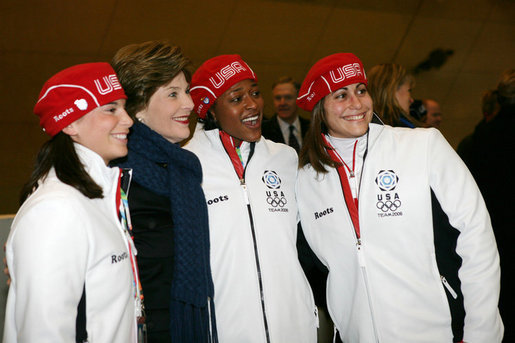 Laura Bush poses for photos with 2006 U.S. Winter Olympic athletes in Turin, Italy, Friday, Feb. 10, 2006 before the Opening Ceremony. White House photo by Shealah Craighead