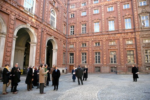 Laura Bush stops in Palazzo Carignano during a tour of historic Turin, Italy, given by Brandon Neukam Saturday, Feb. 11, 2006. White House photo by Shealah Craighead