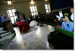 Laura Bush delivers remarks at the University of Turin Saturday, Feb. 11, 2006, in Turin, Italy, Saturday, Feb. 11, 2006. Mrs. Bush announced a donation, made possible by the U.S. Department of State, of more than 200 American books to the University of Turin American studies program.  White House photo by Shealah Craighead