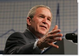 President George W. Bush addresses an audience Wednesday, Feb. 15, 2006 at Wendy's International, Inc. corporate headquarters in Dublin, Ohio, speaking on his commitment to help all Americans gain access to affordable, high-quality health care.  White House photo by Paul Morse