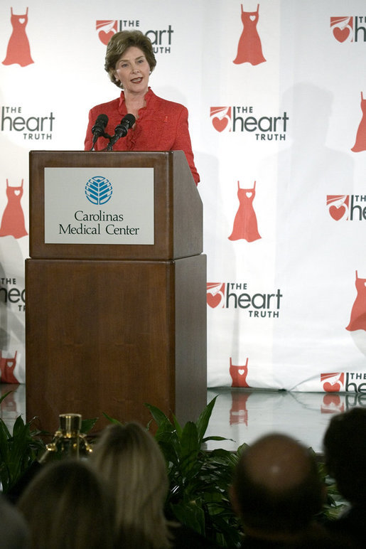 Laura Bush speaks to an audience about heart disease awareness at the Carolinas Medical Center Wednesday, Feb. 15, 2006, in Charlotte, NC. In Charlotte, 55% of women are at risk for heart disease and are not aware of their vulnerability of a heart attack. White House photo by Shealah Craighead