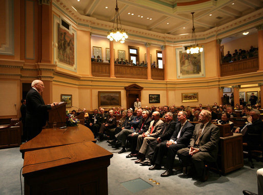 Vice President Dick Cheney delivers remarks to a joint session of the Wyoming State Legislature at the State Capitol in Cheyenne, Friday, February 17, 2006. White House photo by David Bohrer