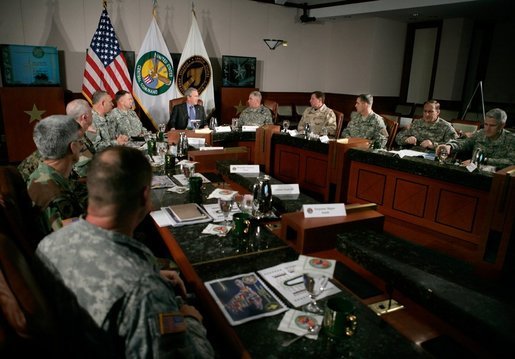 President George W. Bush joins CENTCOM and SOCOM Commanders for a briefing at the United States Central Command Headquarters in Tampa, Florida, Friday, Feb. 17, 2006. White House photo by Eric Draper