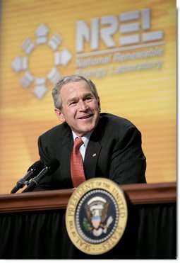 President George W. Bush participates in a panel discussion with experts on energy conservation and efficiency at the National Renewable Energy Laboratory in Golden, Colo., Tuesday, Feb. 21, 2006.  White House photo by Eric Draper