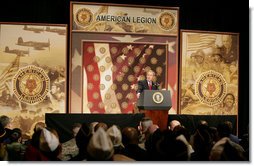 President George W. Bush addresses the American Legion on the global war on terror, Friday, Feb. 24, 2006 at the Capital Hilton Hotel in Washington. President Bush voiced his support for free elections in the Middle East, saying that free elections are instruments of change, giving people an opportunity to organize, express views and change their existing order, strengthening the forces of freedom and allowing citizens to take control of their own destiny.  White House photo by Kimberlee Hewitt