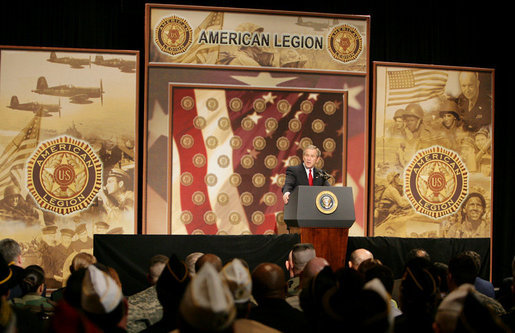 President George W. Bush addresses the American Legion on the global war on terror, Friday, Feb. 24, 2006 at the Capital Hilton Hotel in Washington. President Bush voiced his support for free elections in the Middle East, saying that free elections are instruments of change, giving people an opportunity to organize, express views and change their existing order, strengthening the forces of freedom and allowing citizens to take control of their own destiny. White House photo by Kimberlee Hewitt