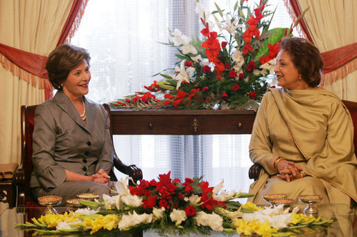 Mrs. Laura Bush speaks with Mrs. Sehba Musharraf, wife of President Pervez Musharraf, during their meeting at Aiwan-e-Sadr, Saturday, March 4, 2006 in Islamabad, Pakistan. White House photo by Shealah Craighead