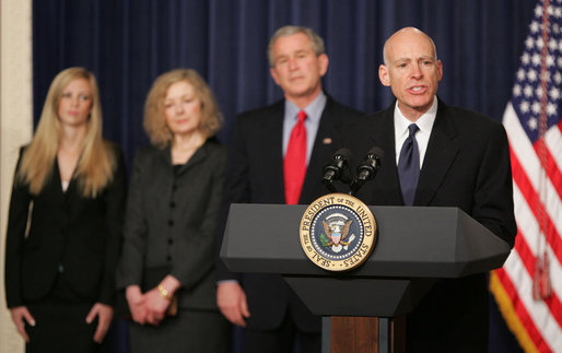 President George W. Bush stands with Victoria Lazear and her daughter Julie as Eddie Lazear offers remarks Monday, March 6, 2006, after being sworn in as Chairman of the Council of Economic Advisers. White House photo by Paul Morse