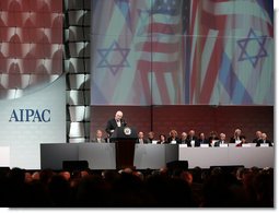 Vice President Dick Cheney addresses the American Israel Public Affairs Committee (AIPAC) 2006 Annual Policy Conference in Washington, Tuesday, March 7, 2006. During his remarks the vice president commented on the unwavering allied relationship between the US and Israel in the global war on terror and discussed the development of democracy and need for security throughout the Middle East.  White House photo by David Bohrer