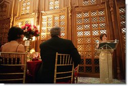 Mrs. Laura Bush addresses guests, Tuesday evening, March 8, 2006 at the at "Bridges of Hope: Educating Children for a Better Future," The Kuwait-America Foundation's 2006 Benefit Dinner in Washington, where Mrs. Bush was honored for her dedication to help improve the living conditions and education of children around the world.  White House photo by Shealah Craighead