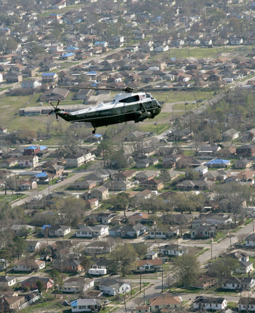 President George W. Bush in Marine One takes an aerial tour to view of the hurricane ravaged neighborhoods of New Orleans and their recovery progress, Wednesday, March 8, 2006. The President also took a walking tour in the lower 9th Ward of the city and inspected the reconstruction of a levee. White House photo by Eric Draper