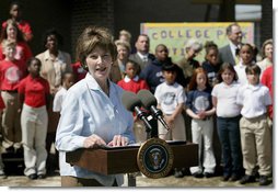 Mrs. Laura Bush addresses a crowd at the College Park Elementary School in Gautier, Miss., Wednesday, March 8, 2006, announcing the establishment of The Gulf Coast School Library Recovery Initiative, to help Gulf Coast schools that were damaged by the hurricanes rebuild their book and material collections. The initiative was established by the Laura Bush Foundation for American Libraries. White House photo by Eric Draper