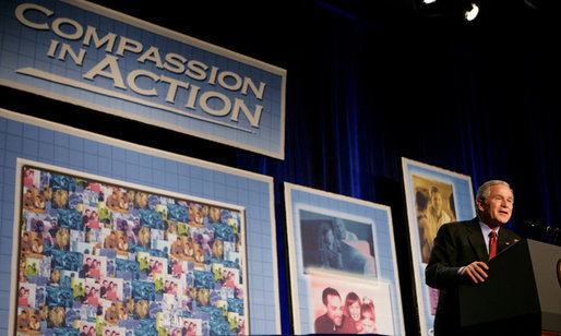 President George W. Bush addresses his remarks to an audience, Thursday, March 9, 2006 at The White House National Conference on Faith-Based and Community Initiatives at the Washington Hilton Hotel. President Bush talked about the important philanthropic role individual volunteers, corporations and foundataions play in providing funding for social services. White House photo by Kimberlee Hewitt