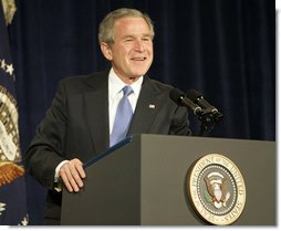 President George W. Bush addresses his remarks to an audience attending the National Newspaper Association Government Affairs Conference, Friday, March 10, 2006 at the Wyndham Washington Hotel.  White House photo by Eric Draper