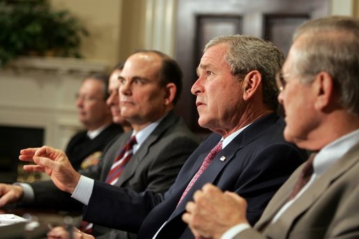 President George W. Bush speaks to the press after participating in a briefing by the Joint Improvised Explosive Device Defeat Task Force in the Roosevelt Room of the White House on Saturday March 11, 2006. White House photo by Paul Morse