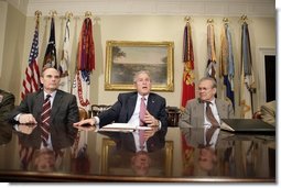 President George W. Bush speaks to the press after participating in a briefing by the Joint Improvised Explosive Device Defeat Task Force in the Roosevelt Room of the White House on Saturday March 11, 2006.  White House photo by Paul Morse