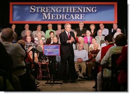 President George W. Bush addresses his remarks on the Medicare Prescription Drug Benefit to an audience at the Riderwood Villiage retirement community, Wednesday, March 15, 2006 in Silver Spring, Md. White House photo by Paul Morse