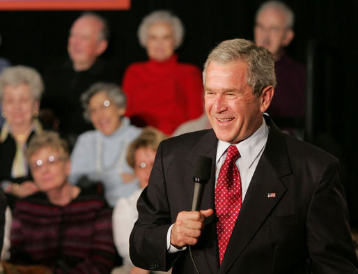 President George W. Bush speaks with an audience about the Medicare Prescription Drug Benefit Program on a visit to the Riderwood Villiage retirement community, Wednesday, March 15, 2006 in Silver Spring, Md. President Bush urged seniors to get information about the new Medicare benefit program and sign up by the May 15th deadline. White House photo by Paul Morse