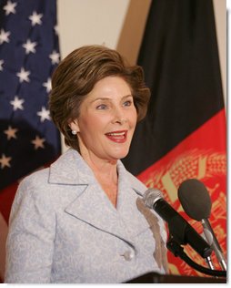 Mrs. Laura Bush delivers remarks to guests attending the Afghan Children's Initiative Benefit Dinner at the Afghanistan Embassy in Washington, DC on Thursday evening, March 16, 2006.  White House photo by Shealah Craighead