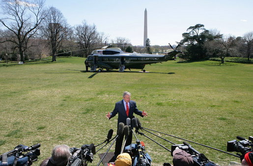 President George W. Bush delivers a statement after his arrival on the South Lawn, Sunday, March 19, 2006. White House photo by Kimberlee Hewitt