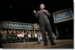 President George W. Bush gestures as he addresses his remarks on the global war on terror, Wednesday, March 22, 2006 at the Capitol Music Hall in Wheeling, W. Va.  White House photo by Eric Draper